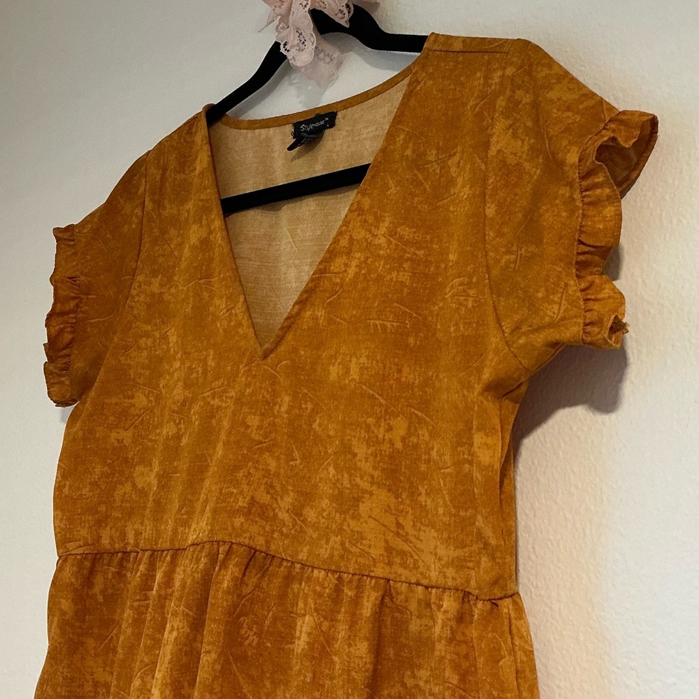 Deep Mustard Yellow V-neck Mini Dress with Ruffle Sleeves and Hem - Picture 5 of 10